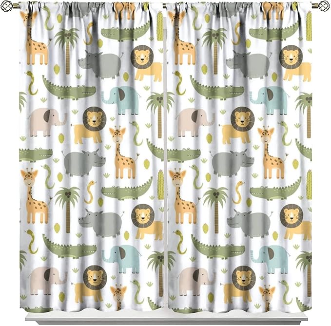 Nursery Safari Animals Window Curtains,Cartoon Woodland Jungle Forest Lion Elephant Giraffe Printed Pattern Blackout Drapes for Living Room Baby Boy Kids Bedroom 55x63in