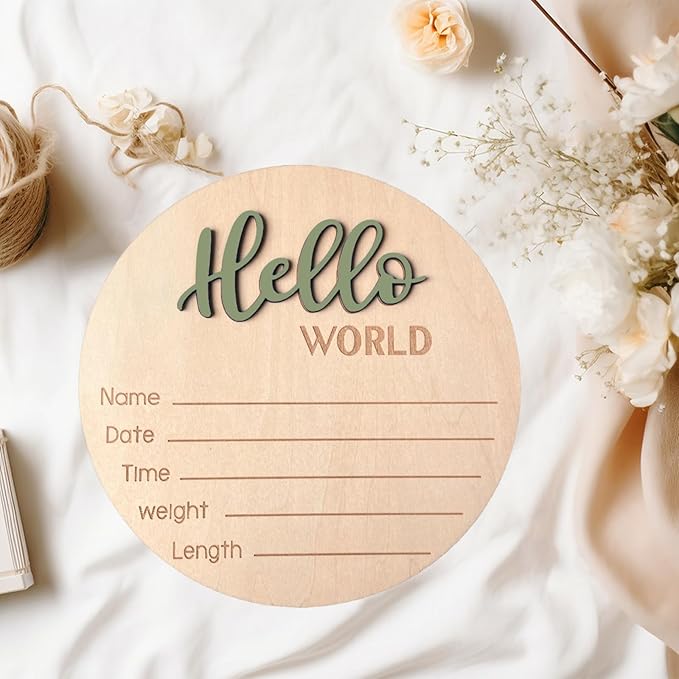 Baby Announcement Sign, 5.9 Inch Wooden Hello World Newborn Signs, Birth Announcement Sign, Baby Shower Hospital Nursery for Newborn Boys and Girls (Forest Green,Pen)