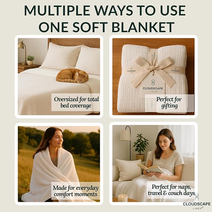 Cloud Scape Linen 4 Layer Oversized Muslin Blanket King Size - 100% Cotton, Weighted and Breathable All Season, Winter Blanket for Bed, Best Gift for Christmas, fits California King, 92x108, White
