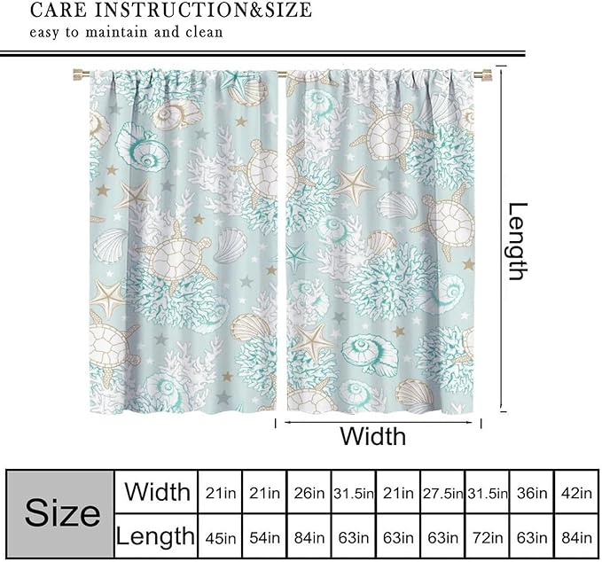 Nautical Curtains,Seagorses Coral Starfish Reef Seashell Beach Sea Seashell Pattern Blackout Print Home Bedroom Living Room Window Treatmen 2 Panel Set 55x63 Inch
