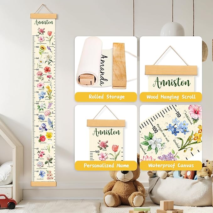 Personalized Name Height Chart for Kids, Kids Growth Chart for Wall, 59" X 7.9" Canvas Removable Height Chart Measuring Ruler for Kids & Baby(Paint Flowers-1）