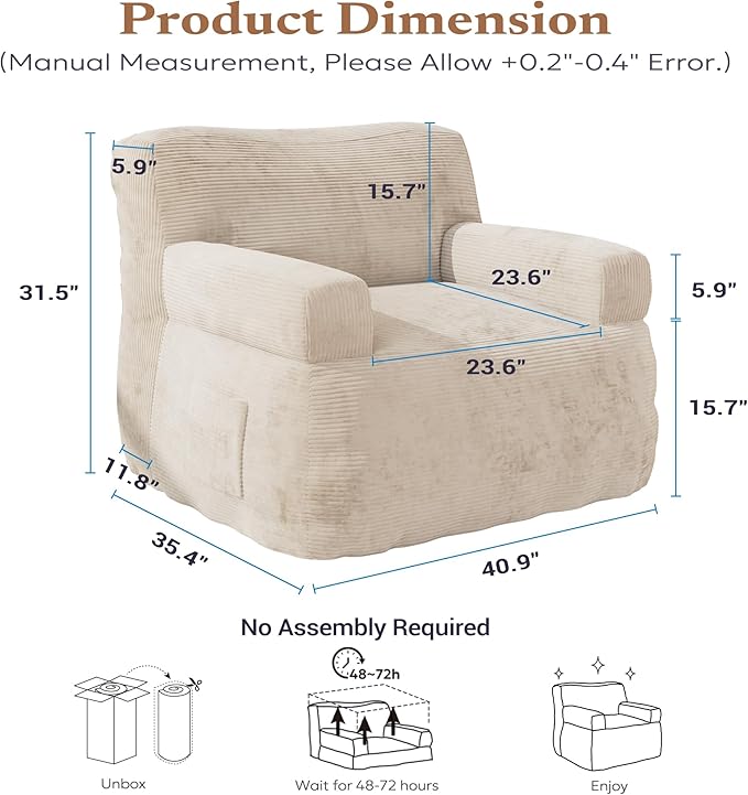 Giant Bean Bag Chair for Adults, Plush Big Bean Bag Lounger Chair with Shredded Foam Filling, Oversized Comfy Floor Sofa Couch with Side Pocket for Bedroom Living Room,Beige