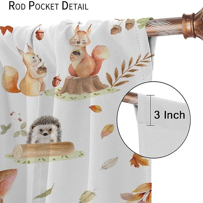Fall Animails Curtains for Kids, Rustic Cute Woodland Wild Animal Window Treatments Watercolor Autumn Leaves Cartoon Fox Deer Window Drapes for Nursery Toddler Bedroom 63x63in