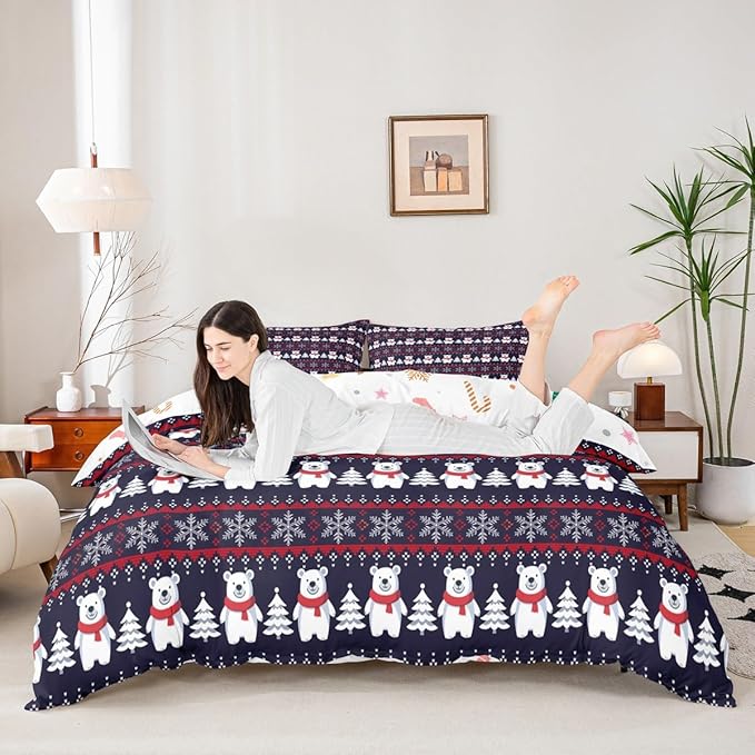 Christmas Bedding Set for Kids Boys Girls Polar Bear Christmas Tree Comforter Cover Set Exotic Ethnic Xmas Theme Duvet Cover Bedroom Decor Snowflake Bedspread Cover Queen Size Bedding Collection 3Pcs