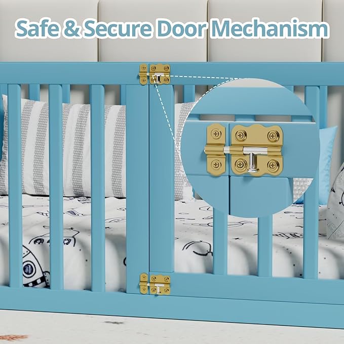 LLS Full Size Floor Bed with 21.6" High Fence for Kids Boys Girls, Solid Wood Multifunctional Montessori Bed Frame with Door, Without Slats, Sky