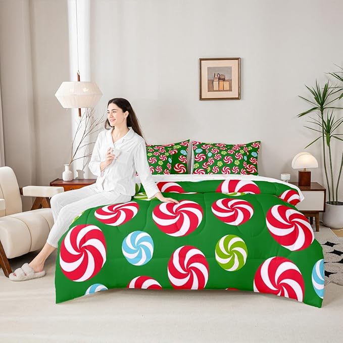 Feelyou Christmas Candy Comforter Set King Size 7 Pieces Cute Swirl Candy Bedding Set for Kids Boys Girls Red and Green Blue Sweet Bed in a Bag Reversible Xmas Decor Bedroom Quilted Breathable Soft