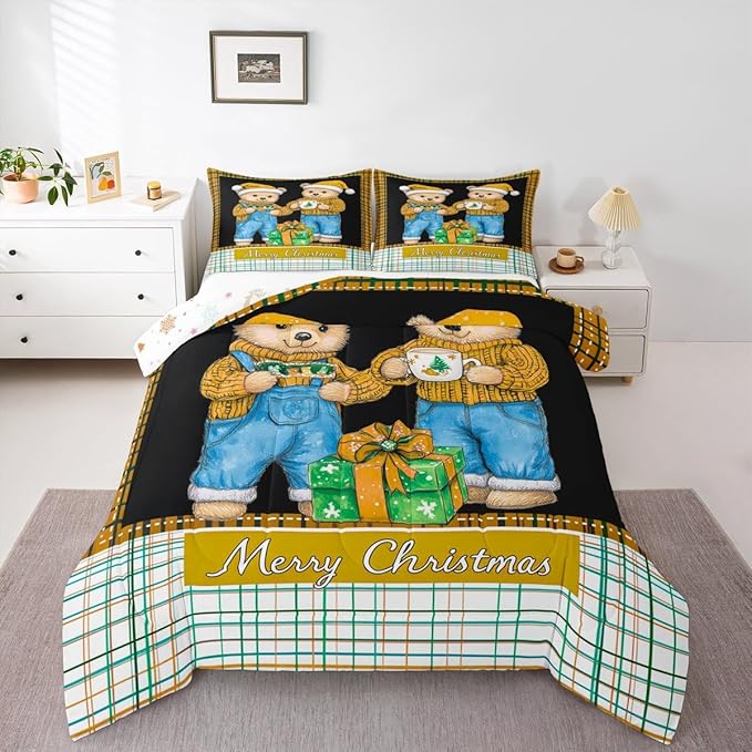 Feelyou Merry Christmas Comforter Set All Season Cute Bear Bedding Set with 2 Pillow Cases Microfiber Kids Queen Bedclothes Winter Bedroom Decor Duvet Quilt Breathable Soft
