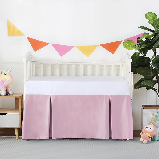 Crib Skirt Dust Ruffle, 100% Egyptian Cotton 400 Thread Count Soft Breathable Crib Bedding Skirt for Baby, Boys and Girls, 52"X28" with 14" Crib Bed Skirt Fading Resistant (Pink Solid)