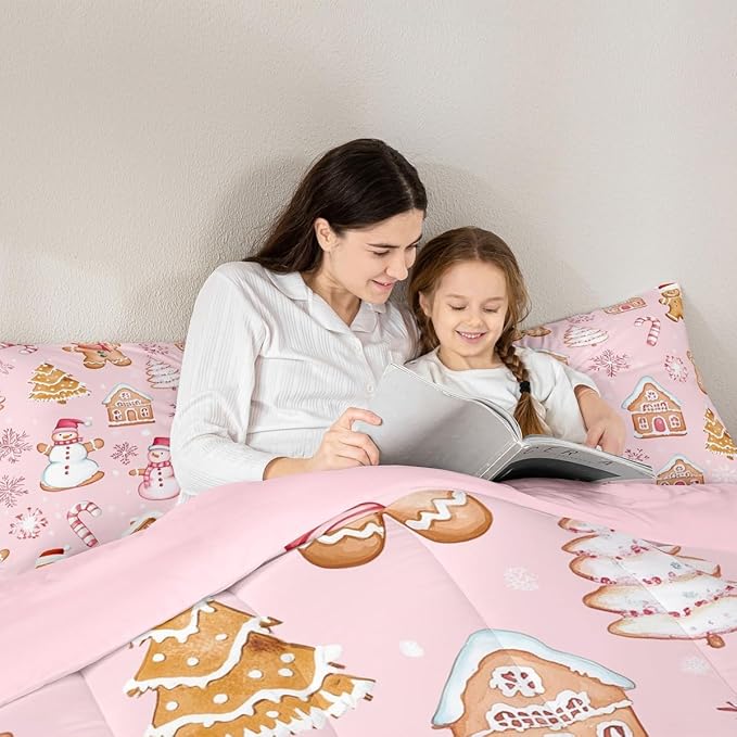 Feelyou Pink Christmas Kids Comforter Set Toddler Size Snowman Bedding Set Gingerbread Man Duvet Quilt for Kids Boys Girls Bedroom Snowflake Candy Cane Decor Microfiber Ultra Soft Breathable