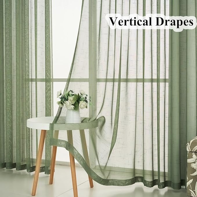 Sage Green Pinch Pleated Sheer Curtains 108 Inches Long, 50 Inches Width, Rustic Linen Look Light Filtering Drapes Decor, Thin Textured Transparent Window Curtain Panels Floor to Ceiling