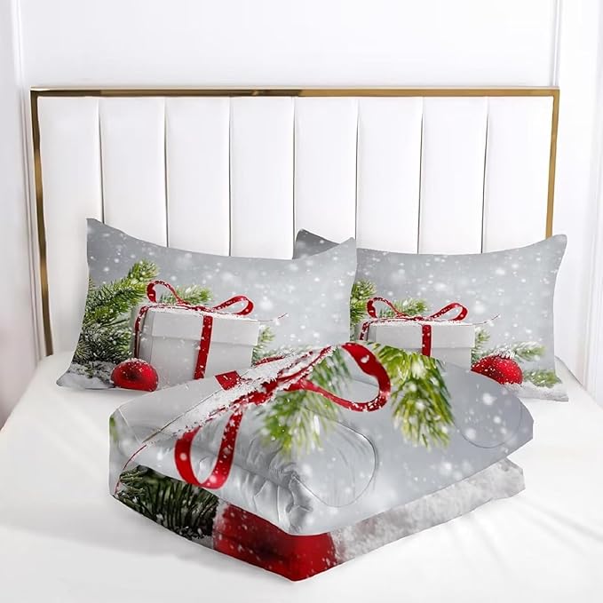 kxry Christmas Snow Scene Twin Size Comforter Set Evergreen Bough Bed Set for Girls Boys Kids Red Balls Bedding Quilt Duvet 1 Comforter + 1 Pillow Case