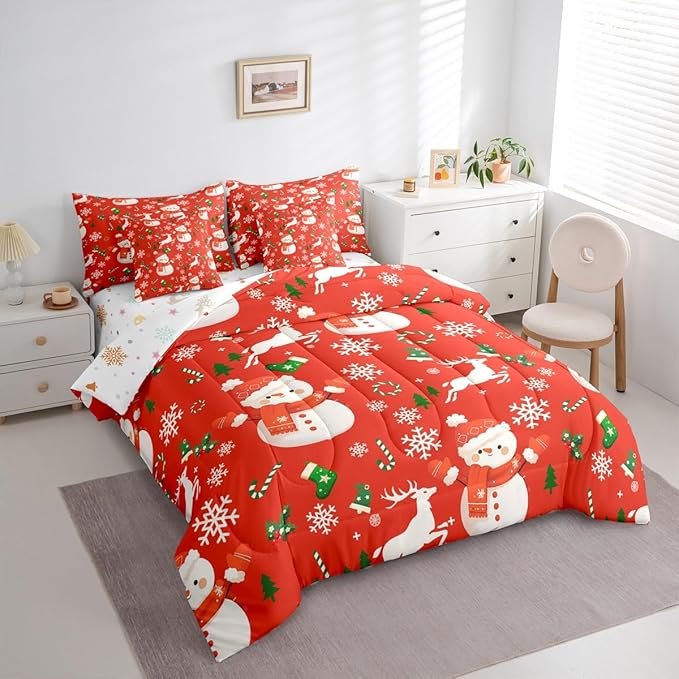Red Christmas Comforter Set With Sheets 7 Piece King Size Cartoon Deer Snowman Bed in a Bag Kids Boys Girls New Year Red Bedding Set Reversible Xmas Decor Bedroom Decor Breathable Soft Lightweight