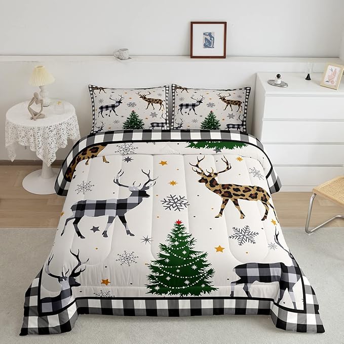 Kids Deer Silhouette Comforter Set Queen Size,Snowflake Pine Trees Bedding,Girls Boys Adults Bedroom/Xmas Cabin Decor,Geometric Grids Plaid Down Comforter,Rustic Farmhouse Duvet Insert,2 Pillowcases