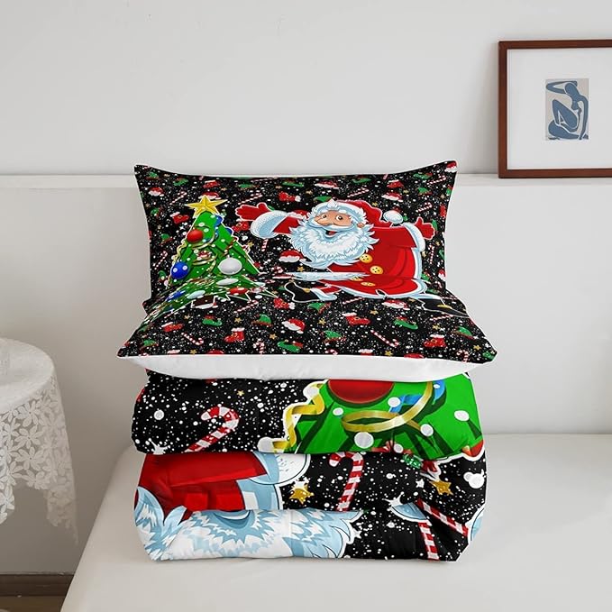 Feelyou Merry Christmas Comforter Set Santa Claus Christmas Tree Galaxy Red Black Bedding Quilt,Soft Warm Lightweight,Full Size for Girls Boys Kids 1 Comforter + 2 Pillow Cases Boys