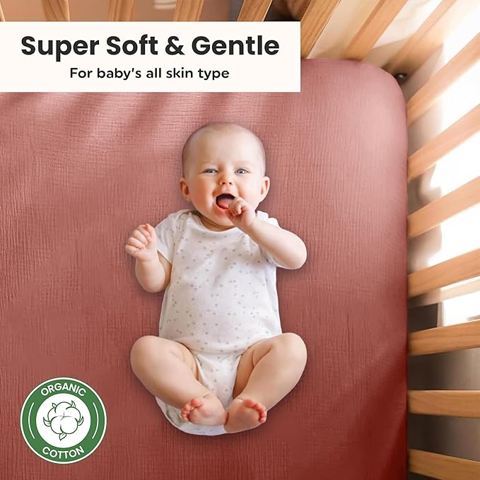 Organic Cotton Muslin Crib Sheets (Set of 2) – Soft & Breathable Fitted Sheets for Boys and Girls, Neutral Colors – Fits Standard Baby Crib Mattress (28 x 52 Inches) (Rust/Ivory)