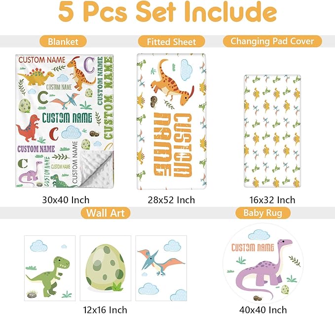 Personalized Baby Bedding Set, 5 Pcs Custom Baby Crib Sets with Name, Dino Toddler Bedding Set for Baby Boys Girls, Double Layer Flannel Nursery Bedding Set, Customized Gifts for Kids Infants