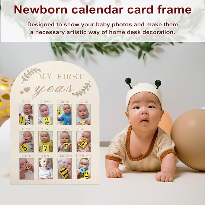 Toyvian Newborn First Year Picture Frame Wood Milestone Board Photo Display Keepsake for Nursery Desk Decoration Months Milestone Photo Frame for Parents