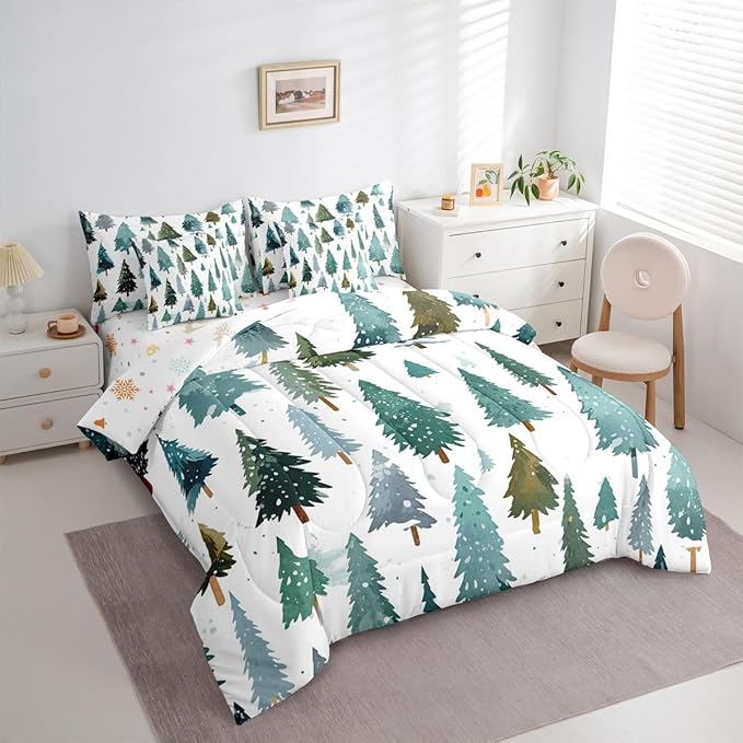 Erosebridal Christmas Tree King Comforter Set with Sheets 7 Piece Green Xmas Pine Tree Bed in A Bag Forest Snowy Nature Scene Bedding Sets for Teens Winter Holiday Christmas Bed Set Happy New Year