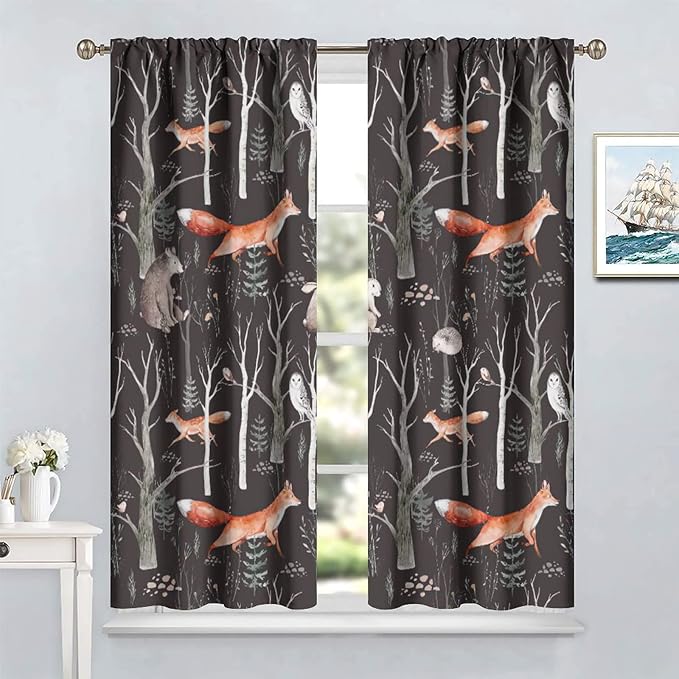 Rustic Forest Curtain, Woodland Country Hunting Animal Deer Fox Wildlife Bear Farmhouse Lodge Cabin Blackout Rod Pocket Windows Door Curtain for Bedroom Living Room Home Decor 63x72in