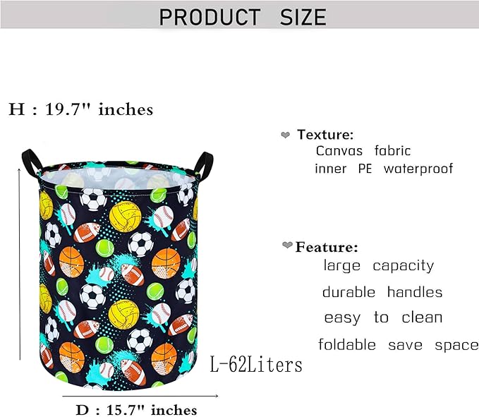 KUNRO Basketball Football Laundry Gift Basket Storage Hamper, Kids Toys and Clothes Storage Organizer Bins, Toy Shelf Basket with Handles for Room Decor (Sport-Balls)