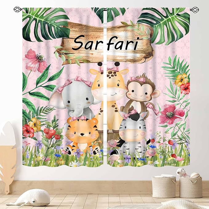 Kids Safari Animals Curtains, Cartoon Giraffe Elephant Monkey Woodland Jungle Tropical Leaf Pink Window Curtains for Boys Girls Baby Living Room Bedroom Nursery Classroom 2 Panels, 52"x84" Inch