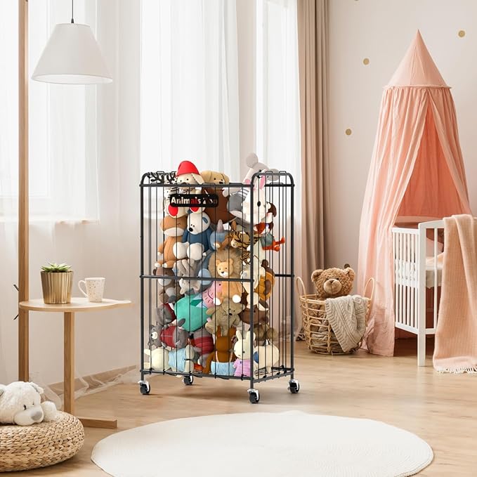 210L Stuffed Animal Storage Organizer Plush Toy Storage Organizer Stuffed Animal Toy Holder, Kids Toy Bins with Wheels, Metal Frame and Elastic Cord Design, Suitable for Storage of Big Toys