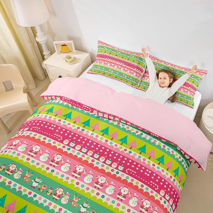 Christmas Bedding Set Cute Fox Santa Claus Polar Bear Comforter Cover for Kids Boys Girls Teens Christmas Tree Duvet Cover Breathable Pink Dots Stripe Bedspread Cover Room Decor Quilt Cover Twin Size
