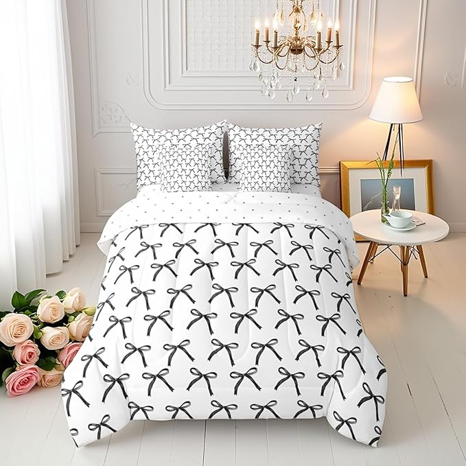 7 Pieces Cartoon Bowknot Kids Comforter King Size,Bow Tie Geometric Patchwork Modern Bedding Set,Bow Butterfly Knot Black White Simple（Comforter+Fitted+Flat+2 Pillowcases+2 Throw Pillow Covers）