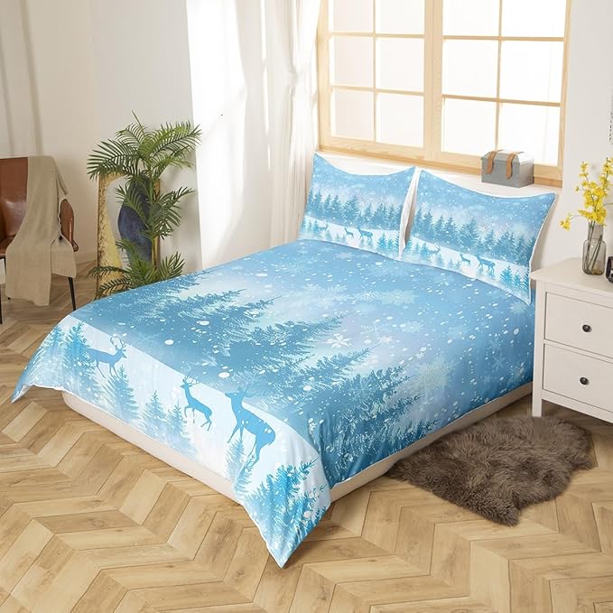 Manfei Blue Glitter Duvet Cover Set Queen Size, Xmas Trees Deers Snowflakes Print Comforter Cover with 2 Pillowcases, New Year Theme Bedding Set 3pcs for Kids Girls Teens Bedroom Decor,No Comforter