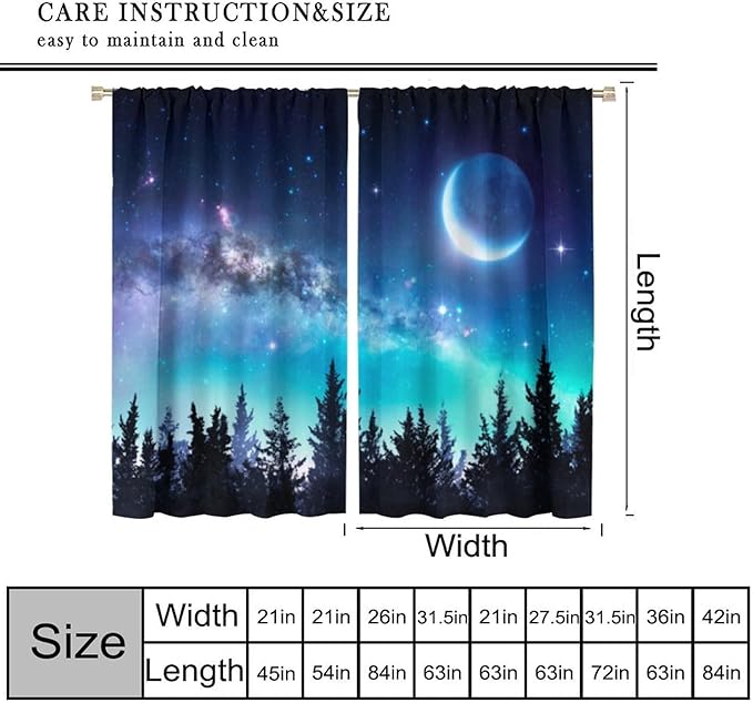 Galaxy Forest Blackout Curtains, Night Starry Sky Stars Moon Aurora Borealis Window Drapes for Bedroom Living Room Home 42" W X 45" L
