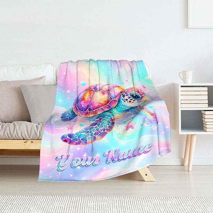 Custom Sea Turtle Throw Blanket - Turtle Blankets Gifts for Kids - Fuzzy Plush Throws Decor for Couch, Sofa