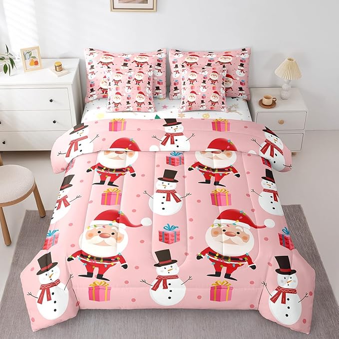 Feelyou Christmas Bed in a Bag Merry Christmas Snowman Comforter Set with Sheets for Kids Boys Girls Decor Santa Claus Bed Set Kawaii Pink Bedding Set Bedroom Collection King Size