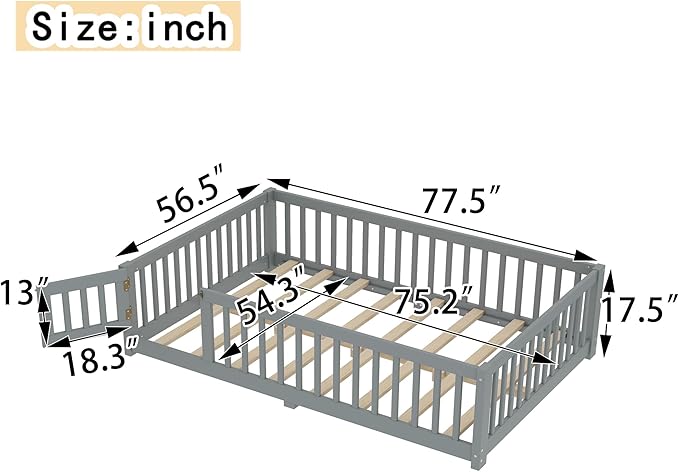 Harper & Bright Designs Full Floor Bed with Safety High Fence, Wood Montessori Bed with Door, Full Size Floor Beds with Solid Wood Support Slats for Boys, Girls, Kids, Gray