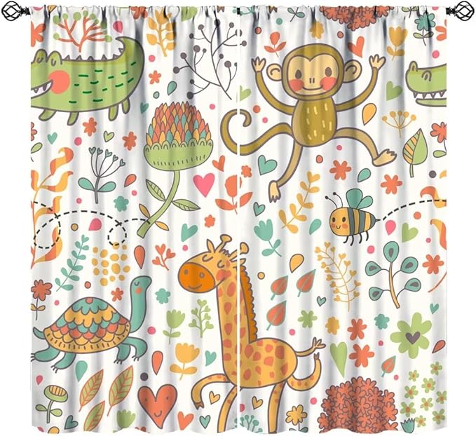 Cute Monkeys Curtains, Zoo Theme Cartoon Funny Animals Crocodile Giraffe Turtle with Flowers Print Thermal Insulation Window Drapes for Kids Boys Girls Baby Bedroom Living Room 84x84in