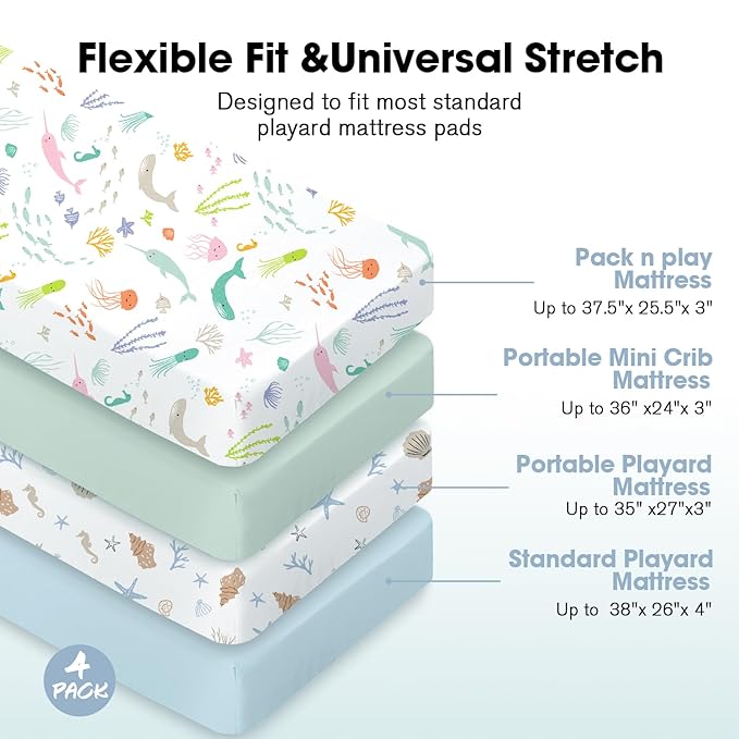 Bimocosy Mini Crib Sheets,Pack and Play Sheets for Baby Girl Boy 4 Pack,Size 38"x 26" for Playard Mattress,Portable Mini Crib,Soft Pack N Play Sheets Fitted,Ocean World/Shell/Blue/Green