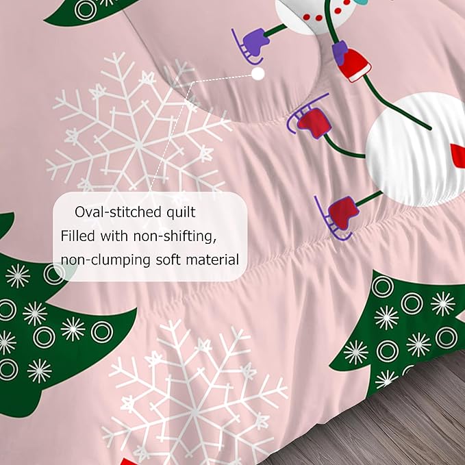 Pink Christmas Comforter Set: Full Size Christmas Tree Snowman Bedding Set for Teens Girls Xmas Stocking Candy Cane Quilts Snowflake Bed Set 1 Comforter & 2 Pillowcases