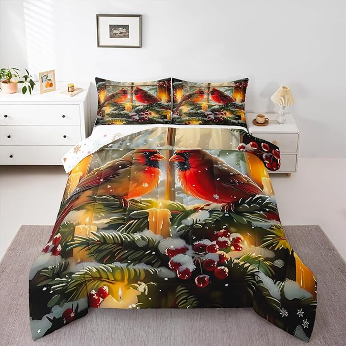 Feelyou Merry Christmas Kids Comforter Set Toddler Size Cardinal Bedding Set Winter Bird Duvet Quilt for Kids Boys Girls Bedroom Red Berries Decor Microfiber Ultra Soft Breathable