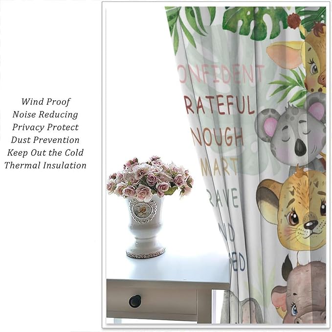 Cartoon Safari Animal Curtains Cute Watercolor Wildlife Jungle Window Treatments for Kids Boys Girls Bedroom Living Room Inspirational Motivational Quotes Nursery Children Drapes W55xL63