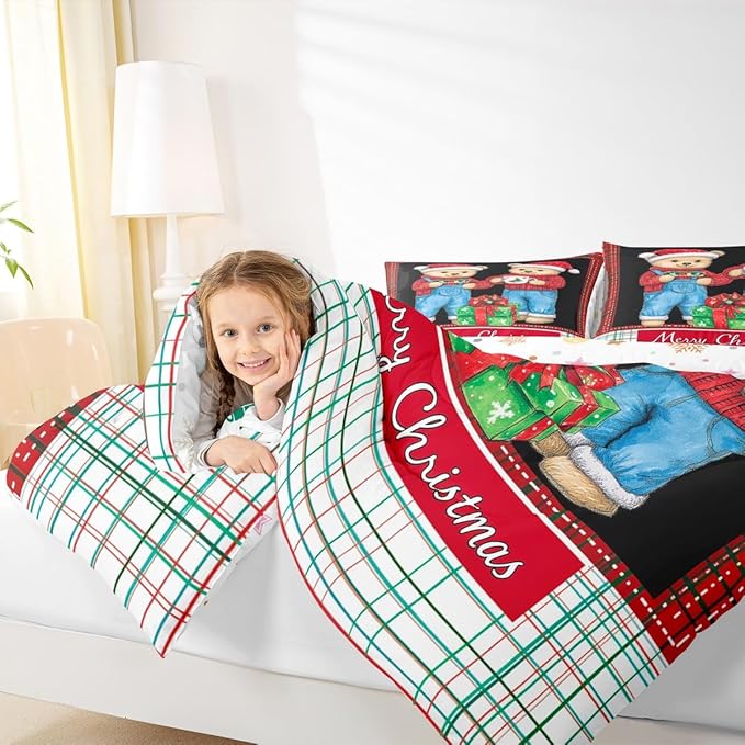 Feelyou Merry Christmas Bedding Set Soft for Boys Girls, Cute Bear Comforter Set Full Size Duvet Quilt Microfiber Winter Bedroom Decor 3 Pcs with 2 Pillow Cases