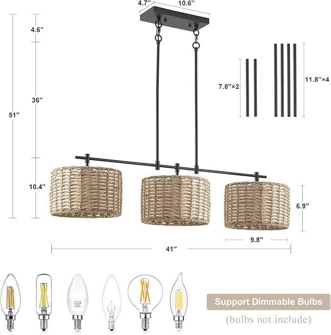 41" Chandelier Woven Rattan Light Fixture with 3 Wicker Lampshades, Large Linear Boho Chandeliers Drum Pendant Lights Kitchen Island