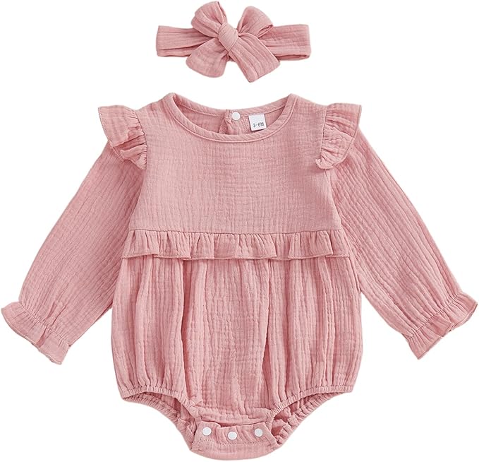 Newborn Infant Baby Girl Clothes Cotton Linen Long Sleeve Smocked Bubble Romper Ruffle Bodysuit Jumpsuit Fall Outfit