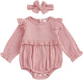 Newborn Infant Baby Girl Clothes Cotton Linen Long Sleeve Smocked Bubble Romper Ruffle Bodysuit Jumpsuit Fall Outfit