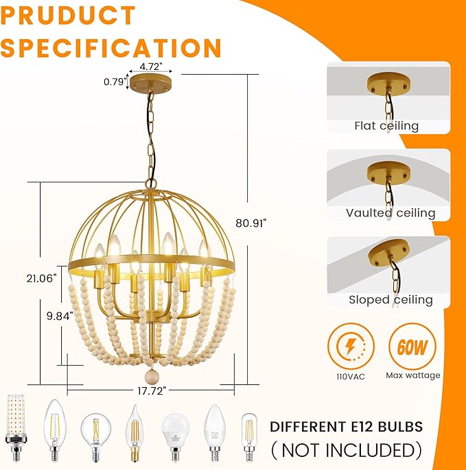 WJShome Modern Farmhouse Light fixtures, 6-Light Gold Boho Bead Spherical Chandelier, Dining Room Wooden Bead Lantern Pendant Light for Bedroom, Kitchen, Hallway, Entryway Foyer