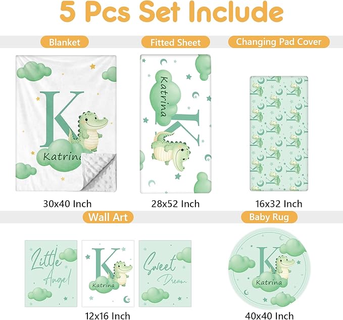 Custom Baby Bedding Set, 5 Pcs Personalized Baby Crib Sets with Name, Toddler Bedding Set for Baby Girls Boys, Green Crocodile Double Layer Nursery Bedding Set, Customized Gifts for Infants
