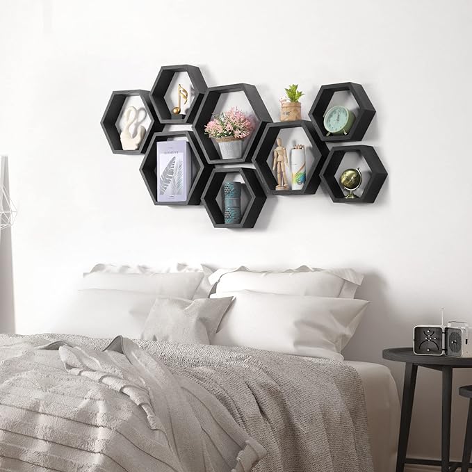 CADUKE Hexagon Shelves for Wall Hexagonal Floating Shelves Set of 8 Honeycomb Wood Shelves for Wall Decor, Hanging Plants Shelf for Living Room Storage Hexagon Racks for Bedroom, Black