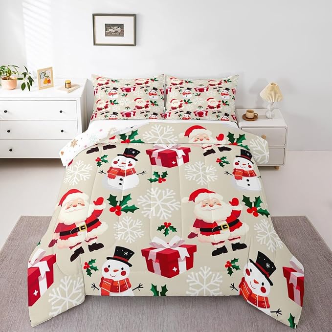jejeloiu Merry Christmas Comforter Set Twin Size Xmas Santa Claus Bedding Set for Kids Boys Girls Cute Snowman Duvet Quilt Beige Bedroom Decor