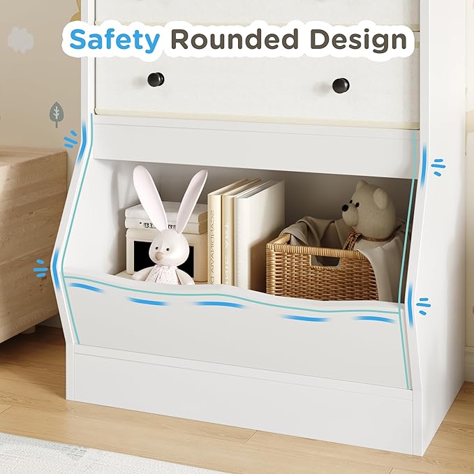 MHOM Toy Storage Organizer with Open Cube, Kids Bookshelf and Toy Storage with PU & Non-Woven Fabric Drawers, Small Book Shelf for Kids Rooms, Playroom and Nursery (White)