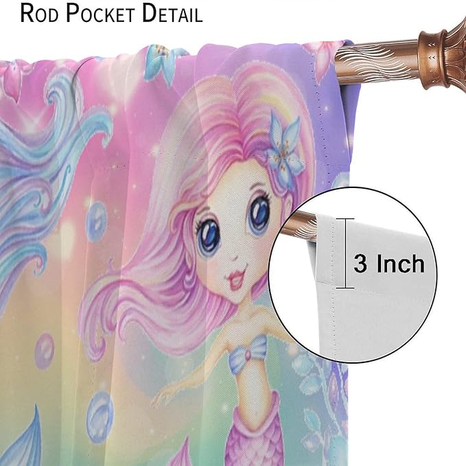 Cartoon Mermaid Kids Curtain Fantasy Ocean Theme Coral Flower Floral Window Treatment for Kids Girls Bedroom Nursery Room Decor Rod Pocket Blackout Window Drapes 42x54in