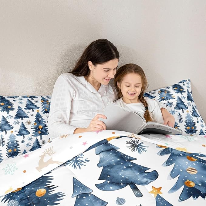 Feelyou Christmas Kids Comforter Set King Size Xmas Tree Bedding Set Snowflake Duvet Quilt for Kids Boys Girls Bedroom Watercolor Blue Decor Microfiber Ultra Soft Breathable