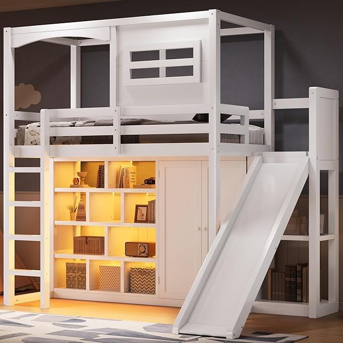 Playhouse Style Loft Bed Twin Size with Slide and Ladder, Solid Wood Loft Bed Frame with Wardrobe and Storage Shelves for Kids Teens, Maximize Space